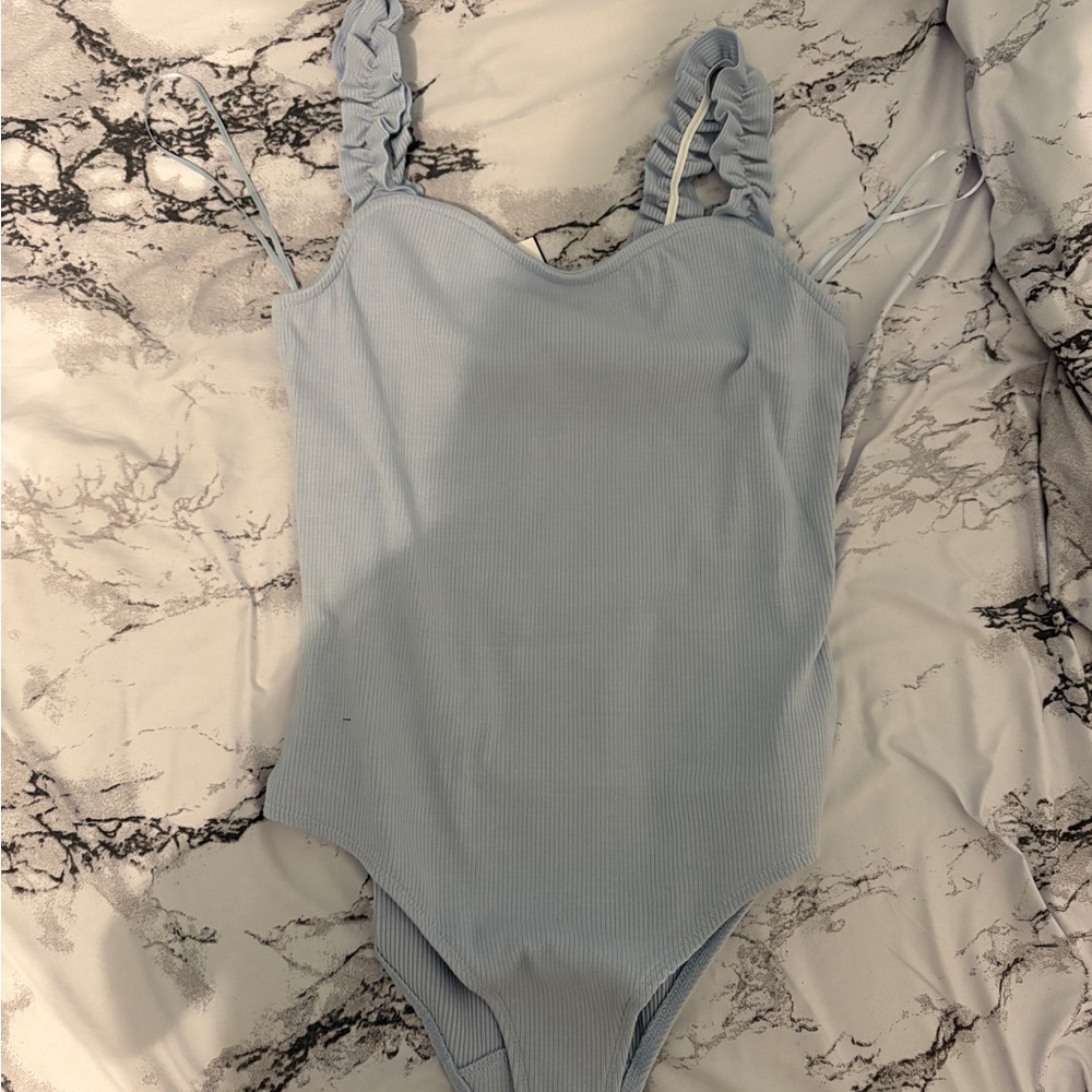 Ruffled Strap Blue Bodysuit
